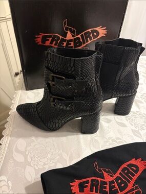 Freebird  Joey by Steven Black Snake-Embossed Buckle Ankle Boots women’s 7 NEW